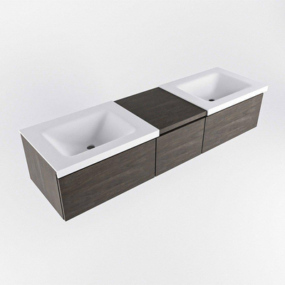 Mondiaz bukla ensemble de meubles de salle de bain 160x45x34cm 2 robinets 2 lavabos surface solide talc sans poignée 3 tiroirs avec softclose mélamine marron foncé