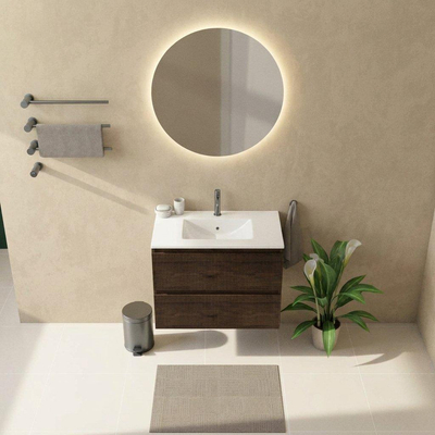 Saniclass Holz Atelier Ensemble meuble de salle de bains - 80x45x62cm - Lavabo Vygo en céramique blanc - 1 vasque - 1 trou de robinetterie - 2 tiroirs - chêne charcoal mat (bois)