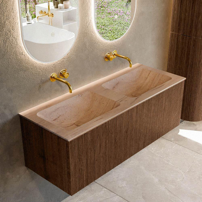 MONDIAZ KURVE-DLUX 120cm badmeubel kleur Walnut met 1 lade en 0 deuren. Wastafel LEAF Dubbel zonder kraangat Saba.
