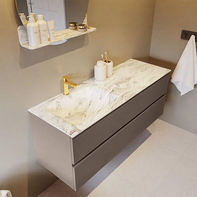 Mondiaz VICA-DLUX ensemble de meuble de salle de bain - 130cm - meuble sous-vasque fumée - 2 tiroirs - lavabo encastré nuage gauche - 1 trou de robinet - version haute 60cm - glace