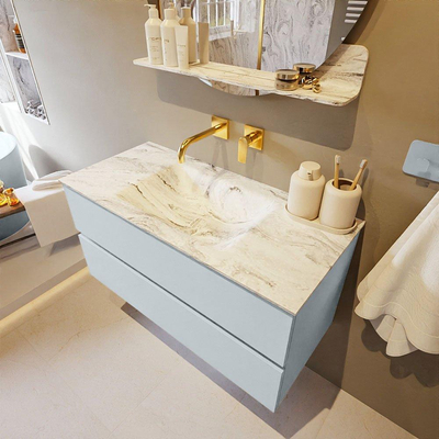 MONDIAZ VICA-DLUX Ensemble meuble de salle de bains - 100cm - meuble bas clay - 2 tiroirs - lavabo encastré cloud au milieu - sans trous de robinetterie - version haute 60cm - glace