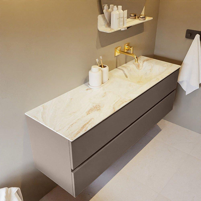 Mondiaz VICA-DLUX ensemble de meuble de salle de bain - 150cm - meuble sous-vasque fumée - 2 tiroirs - lavabo encastré nuage droite - sans trous de robinet - version haute 60cm - frape