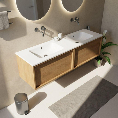 Saniclass Holz Frame Ensemble meuble de salle de bains - 160x45x57.5cm - vasque Torino en solid surface blanc - sans trou de robinetterie - 2 tiroirs - chêne natural mat (bois)