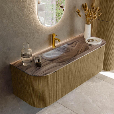 MONDIAZ KURVE-DLUX Meuble de salle de bains 130cm arrondi Gauche + Droite couleur Dusk avec 1 tiroir et 2 portes. Lavabo BIG SMALL Central 1 trou de robinet Sombra.