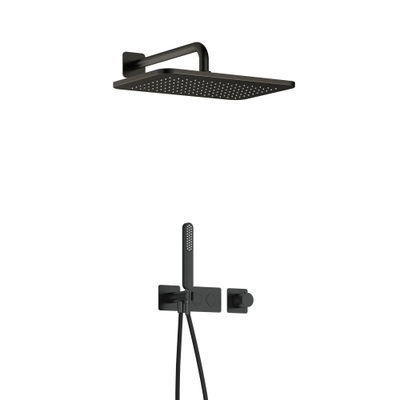 Hotbath Gal Ensemble de douche encastré complet - thermostatique - 2 boutons poussoirs - bras mural 35 cm - douche de tête rectangulaire 27 cm - douchette barre - Gun metal brossé PVD
