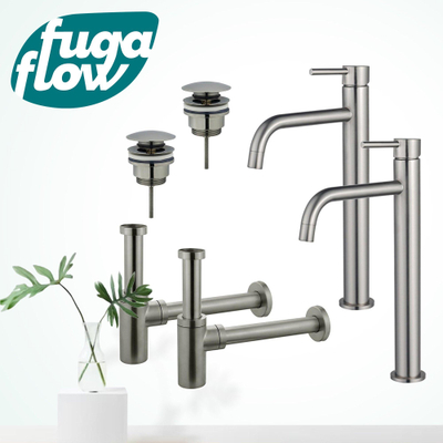 FugaFlow Eccelente Sobrado Badkamer Slim Wastafelkraanset - voor dubbele wastafel - verhoogde wastafelkraan - klikwaste plug - design sifon - PVD Geborsteld RVS