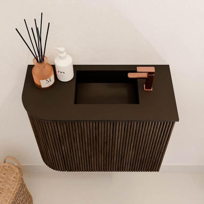 Mondiaz JOYA 51.6cm meuble de toilette - arrondi gauche couleur Walnut - Vasque FAYE position Droite 1 trou de robinet couleur Urban.