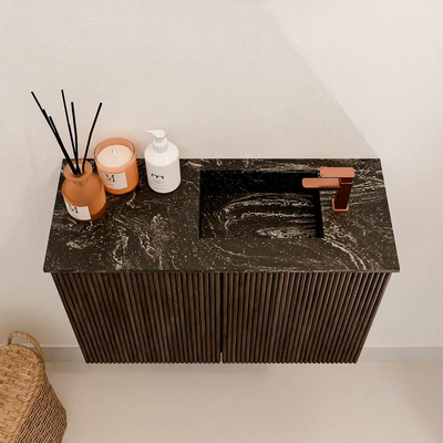 Mondiaz JOYA-DLUX 60cm toiletmeubel - kleur Walnut - Wastafel FAYE positie Rechts 1 kraangat kleur Lava.