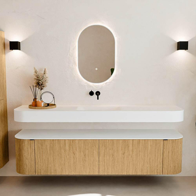 MONDIAZ THOR Meuble de salle de bains - 190cm - arrondi gauche + droite - couleur Oak - 2 tiroirs et 2 portes - Vasque suspendue CLOUD Milieu sans trou de robinet - couleur Talc