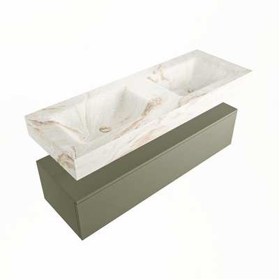 Mondiaz ALAN-DLUX Ensemble de meuble - 130cm - meuble Army mat - 1 tiroir - Lavabo Cloud Frappe suspendu - vasque Gauche et droite - 0 trous de robinet
