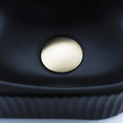 QeramiQ Fuente Ensemble de Lavabo - 40x21.5x12cm - strié - demi-rond - céramique - ensemble de robinet en laiton brossé - bouchon de vidange - siphon réduit - noir mat