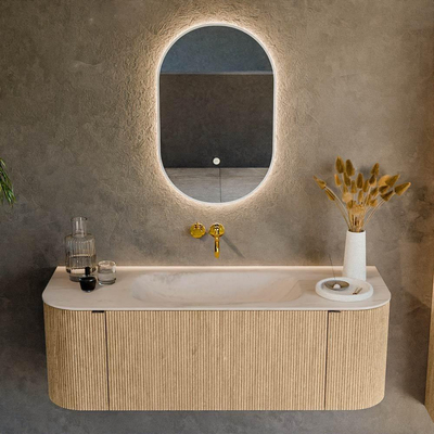 MONDIAZ KURVE-DLUX 130cm badmeubel ronding Links + Rechts kleur Oak met 1 lade en 2 deuren. Wastafel BIG SMALL Midden zonder kraangat Meli.