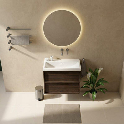 Saniclass Holz Frame Ensemble meuble de salle de bains - 80x45x63.5cm - lavabo en céramique Bari blanc - 1 vasque - sans trou de robinetterie - 2 tiroirs - chêne charcoal mat (bois)