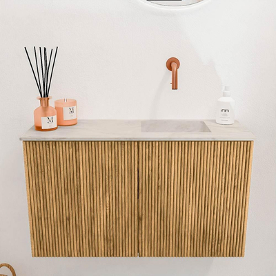 Mondiaz JOYA-DLUX 70cm toiletmeubel - kleur Oak - Wastafel FAYE positie Rechts Zonder kraangat kleur Ostra.