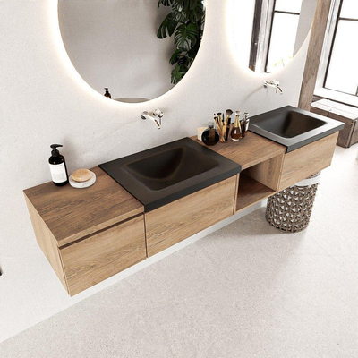 Mondiaz bukla ensemble de meubles de bain 200x45x34cm 0 robinetterie 2 lavabos surface solide urbaine sans poignée 3 tiroirs avec fermeture douce mélamine chêne lavé