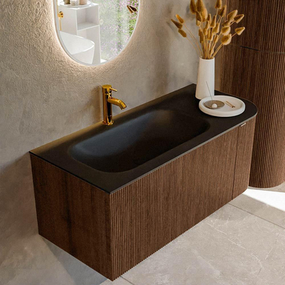 MONDIAZ KURVE 105cm badmeubel met module 25 R kleur Walnut met 1 lade en 1 deur. Wastafel BIG SMALL links 1 kraangat Urban.