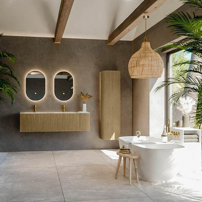 Mondiaz KURVE-DLUX Ensemble de meuble salle de bain - 155x46x40cm - 2 tiroirs - 1 porte - lavabo en solid surface - double / gauche - 2 trous de robinet - Dusk