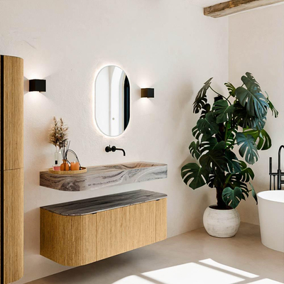 MONDIAZ THOR-DLUX 120cm meuble de salle de bains arrondi gauche + droite couleur Oak avec 1 tiroir et 2 portes. Vasque suspendue CLOUD Droite sans trou de robinet couleur Sombra.