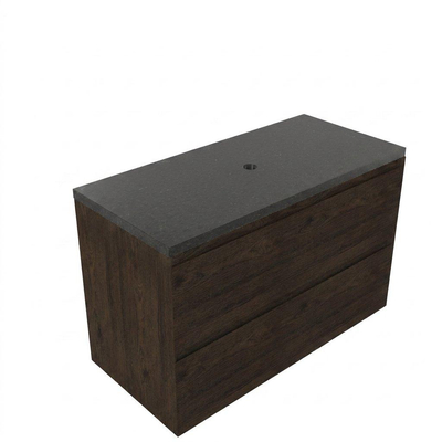 Saniclass Holz Pure Ensemble de meubles de salle de bains - 100x45x63cm - Plan vasque en basalte Noche poli (noir) - sans trou de robinet - 2 tiroirs - chêne charcoal mat (bois)