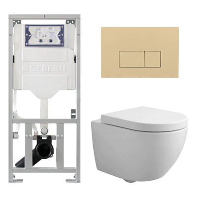 Pack WC QeramiQ Dely Swirl Compact - réservoir encastrable Geberit UP320 - avec bâti-support Burda - abattant 25 mm - plaque de commande en plastique beige - boutons rectangulaires - blanc mat