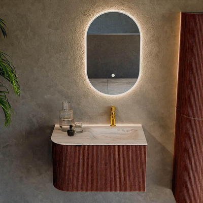MONDIAZ KURVE-DLUX 75cm badmeubel ronding Links kleur Ruby met 1 lade en 1 deur. Wastafel GRUNNE Rechts 1 kraangat Nata.