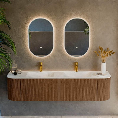 MONDIAZ KURVE-DLUX 180cm Meuble salle de bain avec module 25 G et D - couleur Walnut - 2 tiroirs - 2 portes - vasque LEAF double - 2 trous de robinet - couleur Opalo