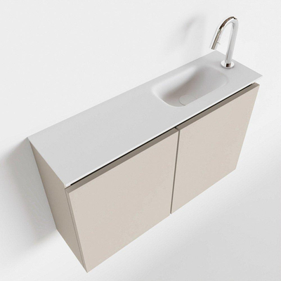 MONDIAZ TURE Fonteinset - 80x23x50cm - 1 kraangat - 2 deuren - linen mat - Wasbak rechts - Solid Surface Wit