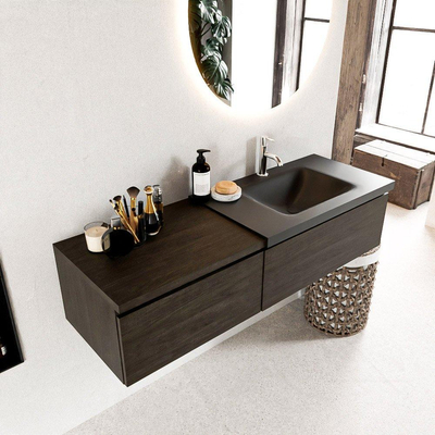 MONDIAZ BUKLA 140cm badmeubel met module 60 kleur Dark Brown met 2 lades. Wastafel CLOUD rechts 1 kraangat kleur Urban.