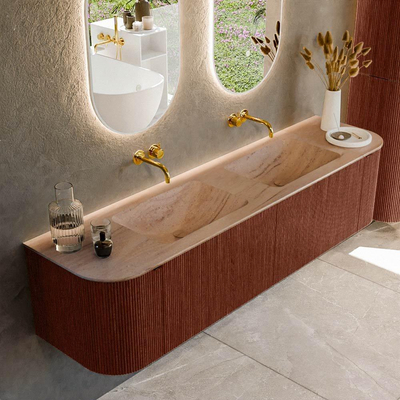 MONDIAZ KURVE-DLUX Meuble de salle de bains 180cm arrondi gauche + droite couleur Ruby avec 2 tiroirs et 2 portes. Lavabo LEAF Double sans trou de robinet Saba.