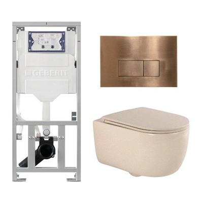 QeramiQ Dely Swirl Ensemble WC - 36.3x51.7cm - Réservoir encastré Geberit UP320 - Abattant fin - Plaque de commande en cuivre - Boutons rectangulaires - Beige