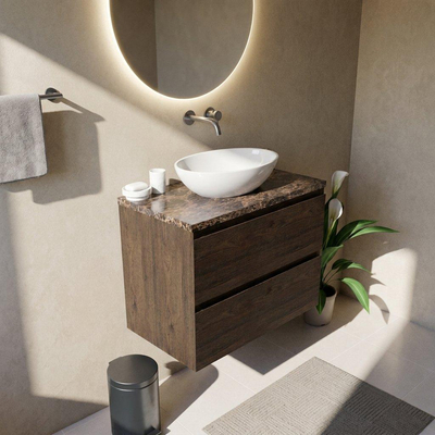 Saniclass Holz Pure Ensemble meuble de salle de bains - 80x45x63cm - Plan de travail en pierre naturelle Noche dark emperador - sans trou de robinet - 2 tiroirs - chêne charcoal mat (bois)