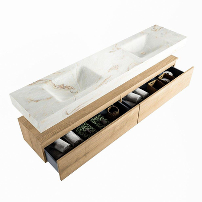 Mondiaz ALAN-DLUX Ensemble de meuble - 200cm - meuble Washed Oak mat - 2 tiroirs - Lavabo Cloud Frappe suspendu - vasque Gauche et droite - 0 trous de robinet