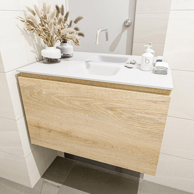 MONDIAZ OLAN Fonteinset - 80x30x40cm - 0 kraangaten - 1 lade - washed oak mat - wasbak midden - Solid Surface Wit