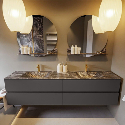 Mondiaz VICA-DLUX ensemble de meuble de salle de bain - 200cm - meuble sous-vasque gris foncé - 4 tiroirs - lavabo encastré cloud double - 2 trous de robinet - miroir modèle spot - version XL 60cm de haut - lave