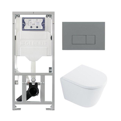 QeramiQ Dely Toiletset - 36.3x51.7cm - diepspoel - rimless - Geberit UP320 inbouwreservoir - softclose toilet zitting 35 mm - bedieningsplaat licht grijs - rechthoekige knoppen - wit glans
