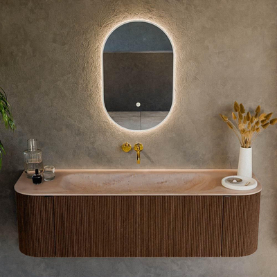 MONDIAZ KURVE-DLUX Meuble de salle de bains 150cm arrondi Gauche + Droite couleur Walnut avec 1 tiroir et 2 portes. Lavabo BIG MEDIUM Central sans trou de robinet Saba.
