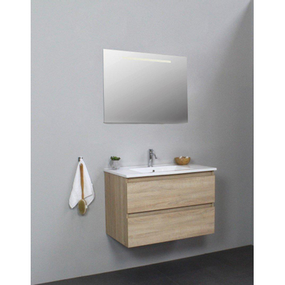 Basic Bella Meuble lavabo céramique avec 1 trou de robinet avec miroir avec éclairage 80x55x46cm Flat Pack Chêne