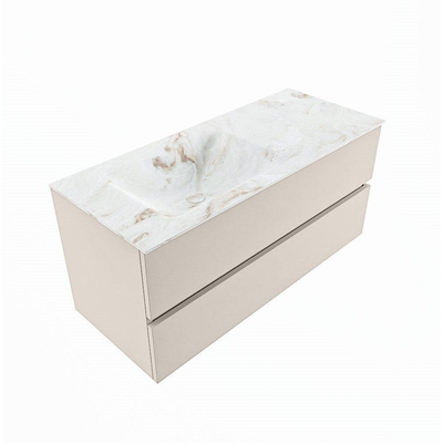 Meuble sous-vasque VICA-DLUX 110 cm en finition Linen, avec 2 tiroirs. Vasque encastrée CLOUD à gauche, 1 trou pour robinet, coloris Frappe.