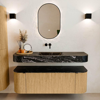 MONDIAZ THOR-DLUX 140cm badmeubel ronding links + rechts kleur Oak met 1 lade en 2 deuren. Vrijhangende wastafel CLOUD Midden zonder kraangat kleur Lava.