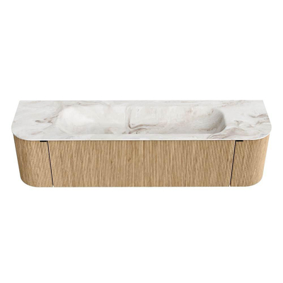 MONDIAZ KURVE-DLUX Meuble de salle de bains 170 cm avec module 25 Len R couleur Oak avec 1 tiroir et 2 portes. Lavabo BIG LARGE central sans trou de robinet couleur Frappe.