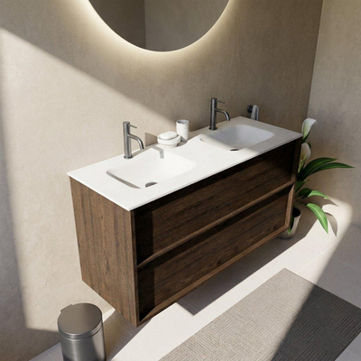 Saniclass Holz Frame Ensemble de meubles de salle de bains - 120x45x61.5cm - lavabo Flow en solid surface blanc - 2 vasques - 2 trous de robinet - 2 tiroirs - chêne charcoal mat (bois)