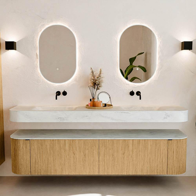 MONDIAZ THOR-DLUX 200cm meuble de salle de bains arrondi gauche + droite couleur Chêne avec 2 tiroirs et 2 portes. Vasque suspendue CLOUD Double sans trou de robinet couleur Opalo.