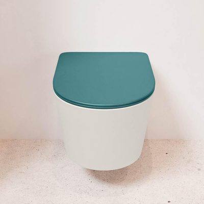 Mondiaz LAVIE hangtoilet – spoelrandloos – 36 x 53 cm – met softclose zitting – Linen (offwhite), zitting Smag (groen)