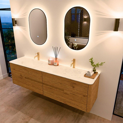Mondiaz CIRO-DLUX Badkamermeubelset - 180x45x50cm - Solid surface wastafel Opalo - 2 wasbak Dubbel - 2 kraangaten - 4 lades - Oak