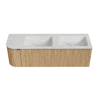 MONDIAZ KURVE-DLUX 145cm badmeubel met module 25 L kleur Oak met 1 lade en 1 deur. Wastafel LEAF dubbel / rechts zonder kraangat kleur Opalo.