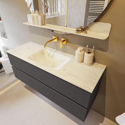 Mondiaz VICA-DLUX ensemble de meuble de salle de bain - 130cm - meuble sous-vasque gris foncé - 2 tiroirs - lavabo encastré nuage milieu - sans trous de robinet - version haute de 60cm - opalo