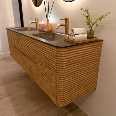 Mondiaz CIRO-DLUX Ensemble de meubles de salle de bains - 170x45x50cm - Vasque solid surface Lava - 2 vasques double - 2 trous de robinet - 4 tiroirs - Chêne