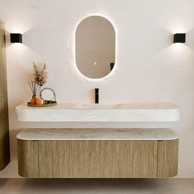 MONDIAZ THOR-DLUX 170cm meuble de salle de bains arrondi gauche + droite couleur Dusk avec 1 tiroir et 2 portes. Vasque suspendue CLOUD Milieu 1 trou de robinet couleur Ostra.