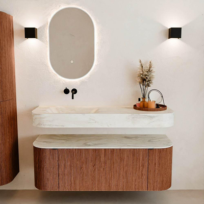 MONDIAZ THOR-DLUX 130cm meuble de salle de bains arrondi gauche + droite couleur Ruby avec 1 tiroir et 2 portes. Vasque suspendue CLOUD Gauche sans trou de robinet couleur Ostra.