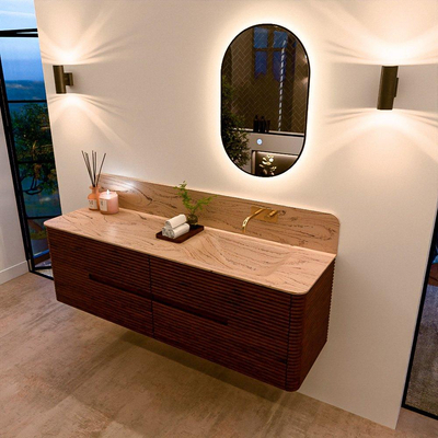 Mondiaz CIRO-DLUX Meuble de salle de bains - 160x45x50cm - plan-vasque Solid surface Arena - 1 vasque à droite - sans trous de robinetterie - 4 tiroirs - Ruby